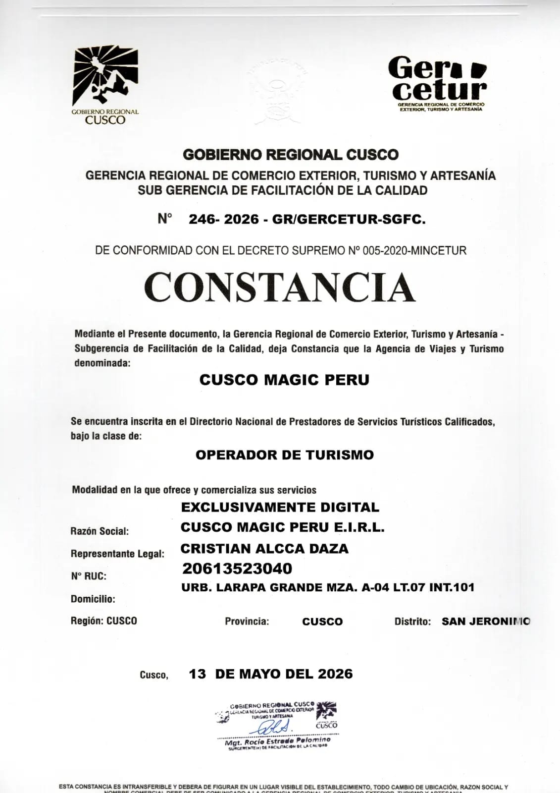 Constancia Mincetur